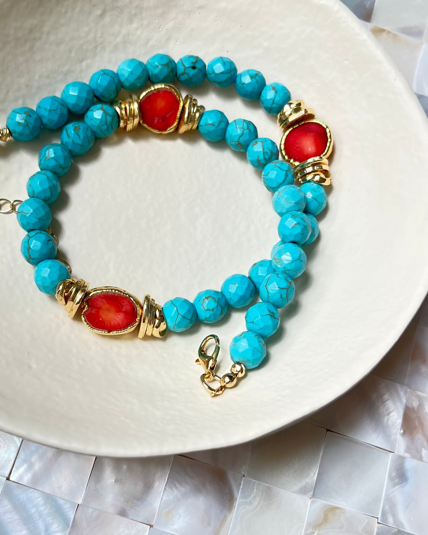 Turquoise beads and coral stones necklace