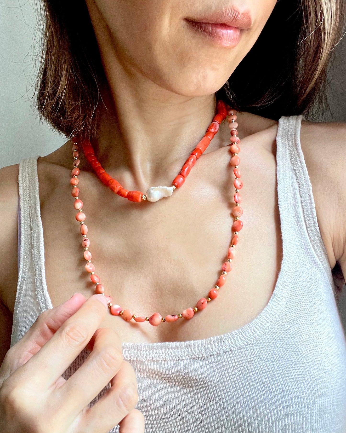 Coral and Gold Beads Long Necklace