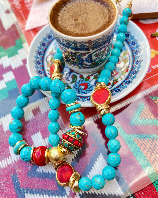 Turquoise beads and coral stones necklace
