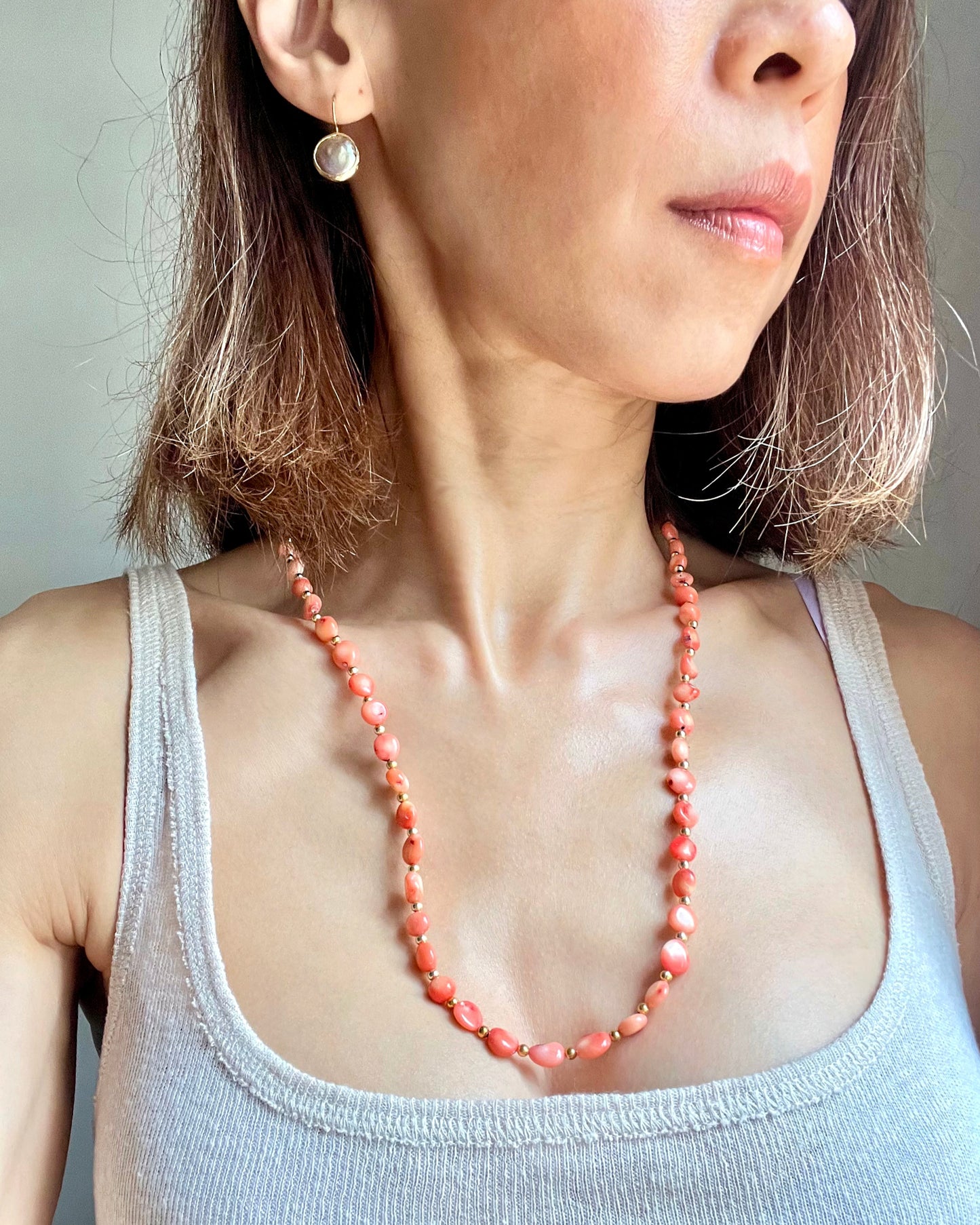 Coral and Gold Beads Long Necklace