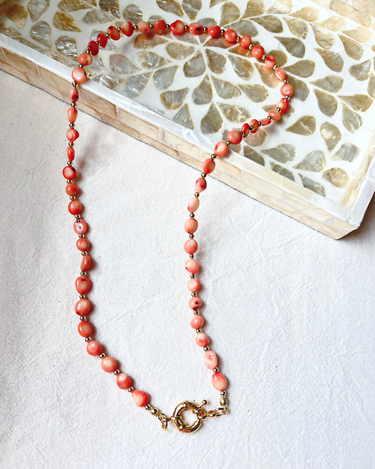 Coral and Gold Beads Long Necklace